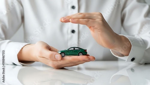 Car insurance concept with hands protecting small green vehicle, auto coverage and security service, person holding toy car for financial safety