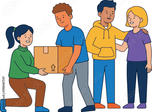 Vector illustration of a group of people helping carry a box and supporting each other, representing teamwork, cooperation, and community spirit.
