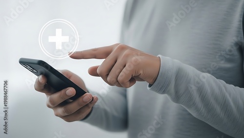 Telemedicine healthcare app on smartphone, person using mobile medical service with virtual cross icon, digital health insurance concept