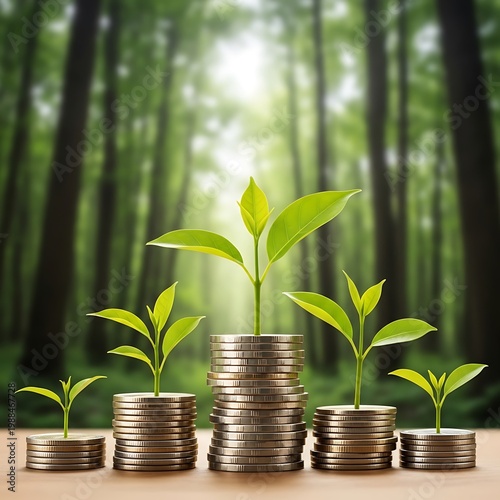 Green Investment - Seedlings Growing on Coin Stacks in Forest.