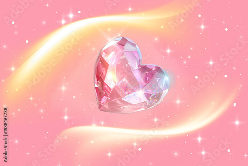 Holographic pink gem heart floating in soft gradient light with sparkle and gold line   