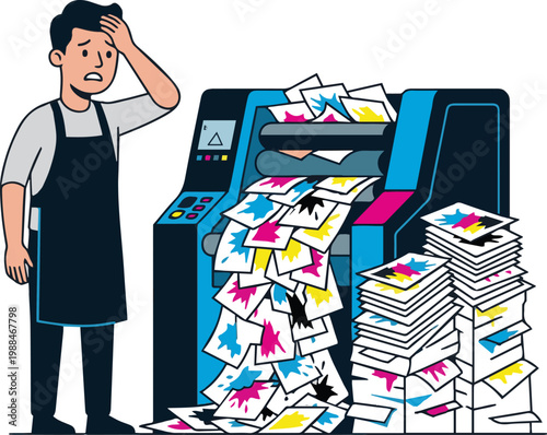 Frustrated male worker dealing with industrial printing press malfunction and overwhelming paper overflow chaos