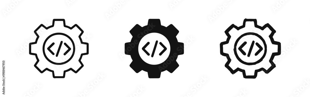 Obraz premium Coding Development Gear Icon Set with Brackets in Outline, Solid, and Hand-Drawn Styles for Engineering