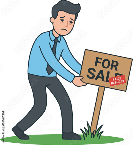 Sad businessman placing for sale sign with price reduced sticker housing crisis real estate financial loss concept