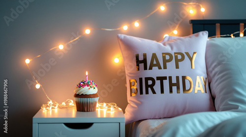Cozy bedroom birthday celebration with cupcake, fairy lights, and decorative pillow