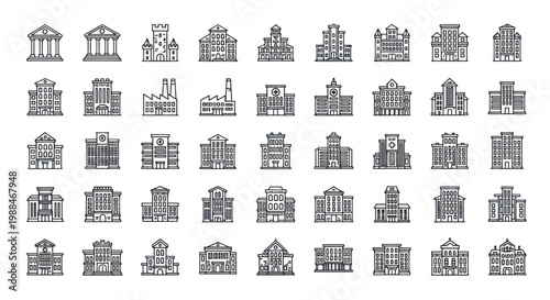Collection of architectural building line icons including schools hospitals and offices