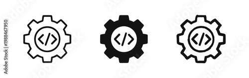 Coding Development Gear Icon Set with Brackets in Outline, Solid, and Hand-Drawn Styles for Engineering