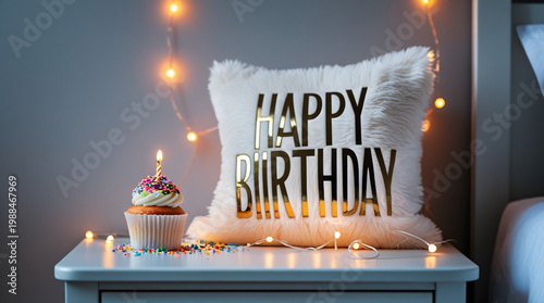 Cozy birthday celebration with cupcake and decorative pillow on nightstand with fairy lights