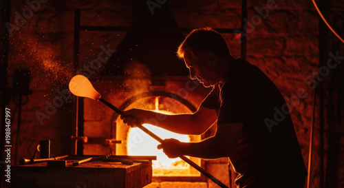Seasoned Master Glassblower Silhouetted Against Fiery Furnace, Crafting Molten Glass in Traditional Workshop