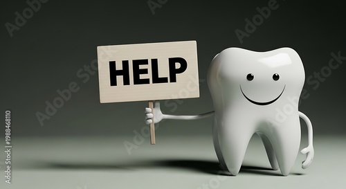 Dental help concept with smiling tooth character, white molar holding help sign, pediatric dentistry and oral health care illustration