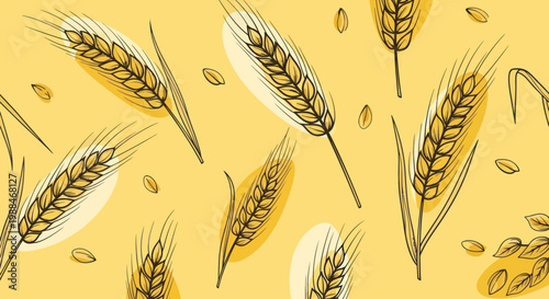 Hand drawn illustration of golden wheat ears and grains on a yellow background