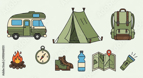 Camping Gear Collection Outdoor Adventure Equipment Icons.