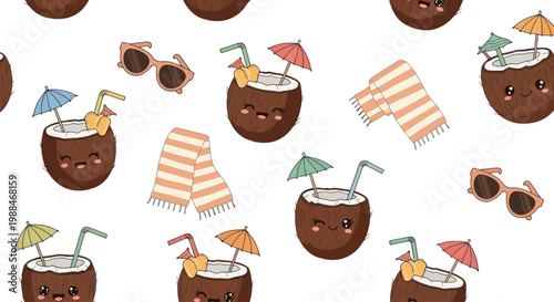 Cute coconut drinks with sunglasses and beach towels on white background