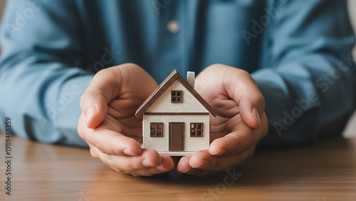 Real estate investment concept, hands holding small house model, mortgage and property insurance protection, home ownership and banking concept