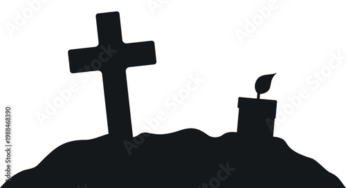 Silhouette of grave mound with wooden cross and burning candle. Minimal flat vector symbolizing remembrance and memorial. Suitable for Halloween or cemetery themes.