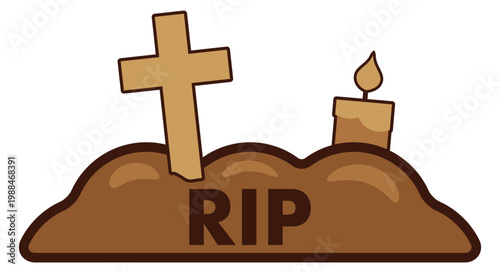 Grave mound with RIP text wooden cross and burning candle. Minimal flat vector symbolizing remembrance and memorial. Suitable for Halloween or cemetery themes.