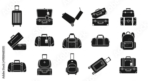 Collection of various travel luggage and bags in silhouette.