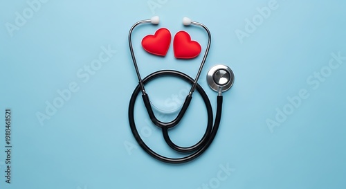 Medical stethoscope with red hearts on blue background, cardiology healthcare concept, professional heart health checkup equipment for doctors