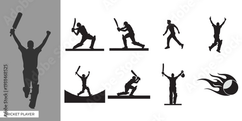 Cricket player logo design illustration. Black and white vector. batsman, bowler and fielder figure action poses.