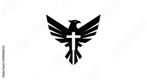 Black eagle silhouette with Christian cross on white background