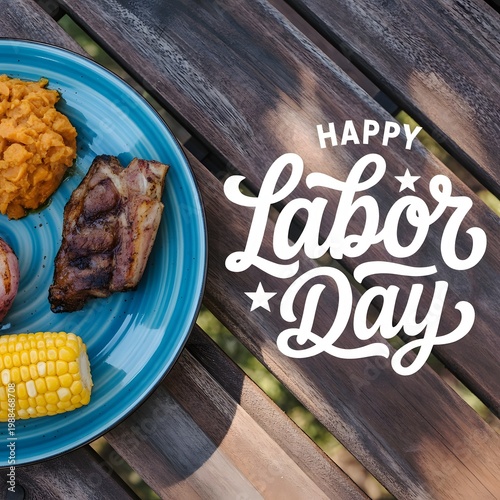Labor day bbq feast grilled meats and corn on a plate with festive typography