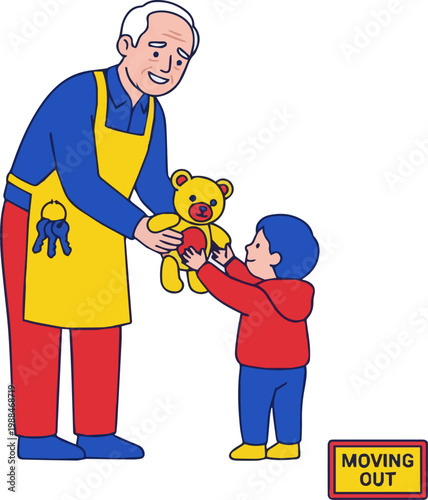 Senior man handing teddy bear to young boy during moving out house relocation
