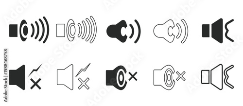 Sound wave and speaker icons on white background for audio and music concepts