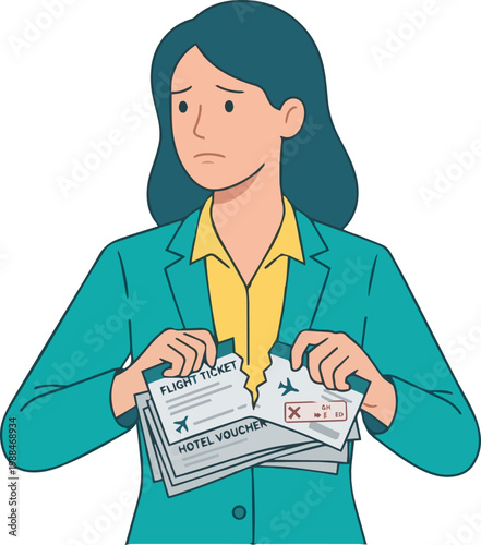Frustrated professional woman tearing travel ticket and voucher after flight and hotel trip cancellation