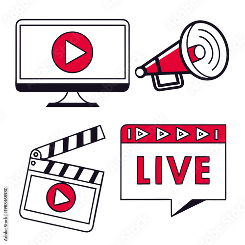 A vector graphic illustration of video production and live streaming icons