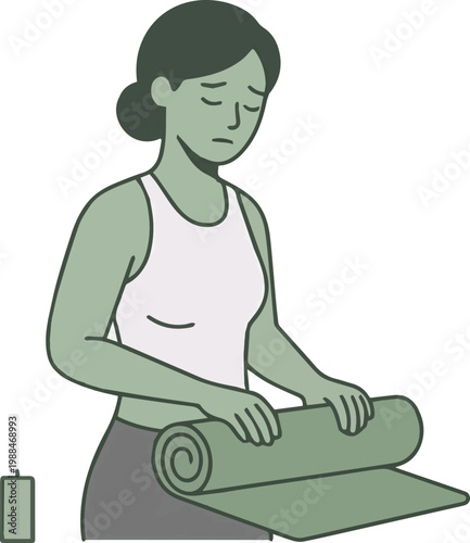 Tired sad woman rolling up yoga mat illustration representing fitness burnout and lack of motivation