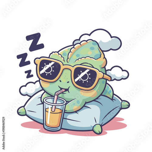 Chameleon wearing sunglasses and drinking.