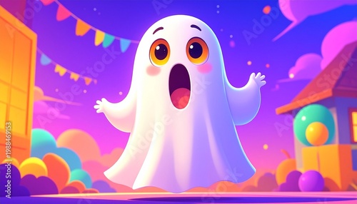 “Joyful ghost in colorful sky — playful fantasy”
