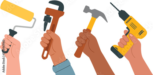 Hands holding tools set, paint roller wrench hammer and drill vector illustration design