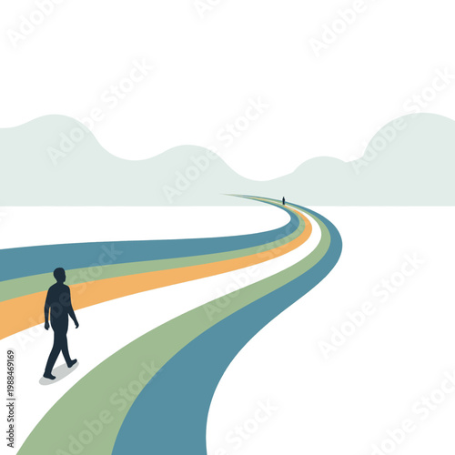 Man walking on a colorful winding road towards the horizon, symbolizing journey and future path.