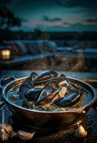 Steaming Pot of Fresh Mussels in Savory Broth