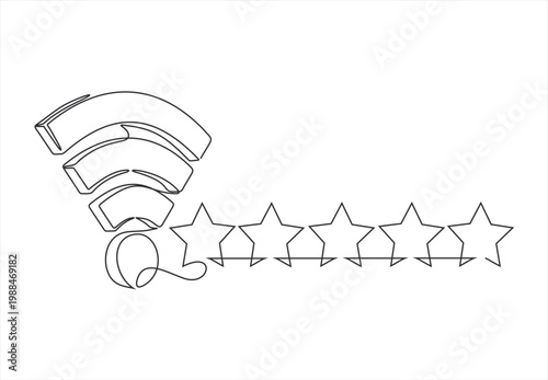 Wireless technology sign. Mobile wi-fi symbol. Five star rate review. 5g internet. continuous line.