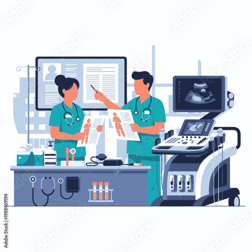 Medical professionals analyzing patient data in a modern clinic with advanced diagnostic equipment.