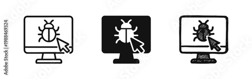 Software Bug on Monitor Screen Icons in Outline, Solid and Hand-Drawn Styles