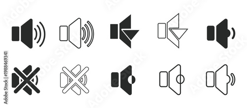 Vector set of 10 speaker icons in black on white background for sound and volume control