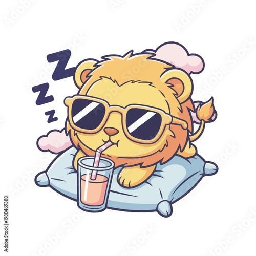 Cute lion wearing sunglasses sleeping.