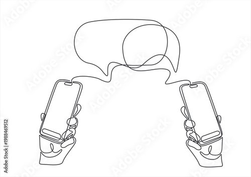 continuous line drawing of hands using social media mobile app on smart phone