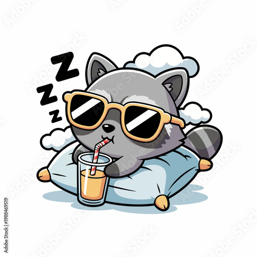 Raccoon wearing sunglasses sleeping drink.