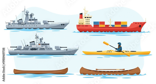 Collection of various watercraft including military ships cargo ship kayak and canoes.