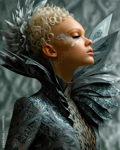 Extreme avant-garde fashion model with sculptural hair architecture and radical makeup, posed in a surreal futuristic landscape with dramatic lighting and hyper-detailed cinematic composition.