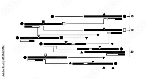 Horizontal Gantt Business Project Timeline with Milestones and Deadlines Black Silhouette Vector Illustration