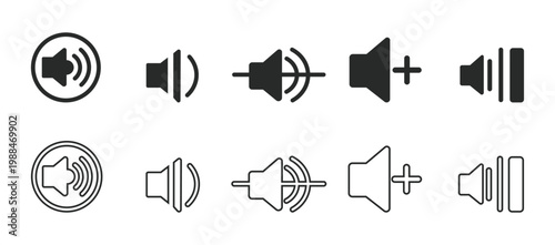 Vector set of ten different speaker icons on white background for audio and sound concepts