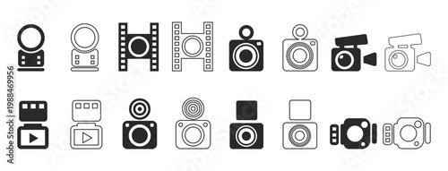 Collection of camera and photography icons on white background for design and media projects