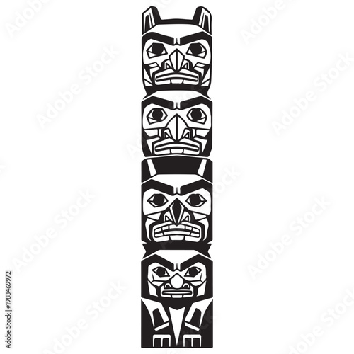 Traditional Totem Pole Vector Illustration with Stacked Indigenous Animal Figures in Black and White Graphic Style