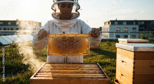 Young diverse urban beekeeper inspecting golden honeycomb on green rooftop in eco-friendly Freiburg at golden hour