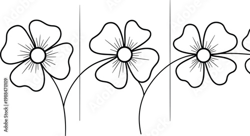 Elegant Black and White Outline Flower Row with Stem and Petal Detail Minimalist Floral Flat Vector Illustration for Design Use
